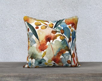 Fall Flora II 18x18 inch Square Throw Pillow Cover | Cotton Linen Canvas, Cotton Canvas, Poly Cotton, Velveteen | Rust Sage Blue Yellow Red