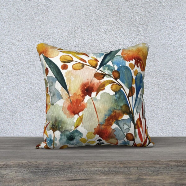 Fall Flora II 18x18 inch Square Throw Pillow Cover | Cotton Linen Canvas, Cotton Canvas, Poly Cotton, Velveteen | Rust Sage Blue Yellow Red