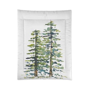 Pine Trees Watercolor Print on Comforter | Botanical Bedding in Green, Blue, Brown, Yellow, White | Evergreen Woods Holidays Alpine 68" × 88"