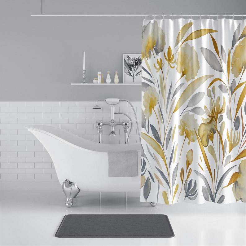 Yellow and Gray Floral Pattern Shower Curtains Botanical Spa Shower Curtains Bathroom Refresh Gifts 71x74 in, Spun Poly Fabric image 2