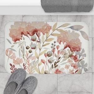 Blush and Beige Floral Bath Mat | Anti-Slip Microfiber Memory Foam Bath Mat | Botanical Watercolor Print | Bathroom Decor | Pink Tan Gray