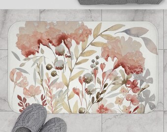 Blush and Beige Floral Bath Mat | Anti-Slip Microfiber Memory Foam Bath Mat | Botanical Watercolor Print | Bathroom Decor | Pink Tan Gray