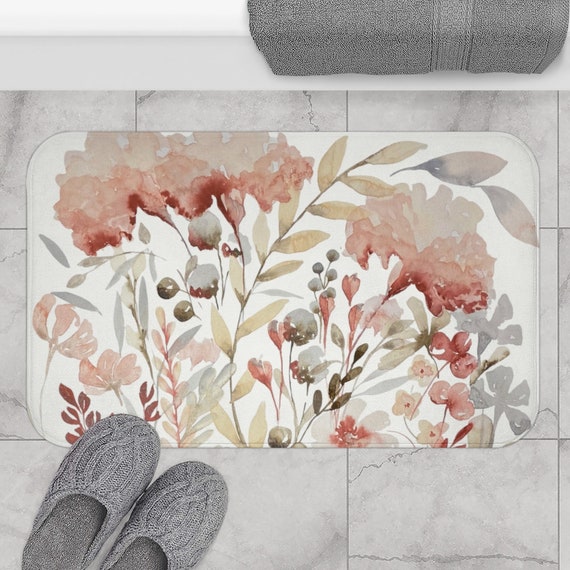 Blush and Beige Floral Bath Mat Anti-slip Microfiber Memory Foam