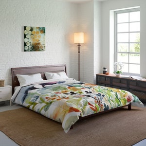 Wildflowers Watercolor Print on Comforter | Botanical Bedding in Red, Yellow, Blue, Green, White, Beige | Abstract Floral Design