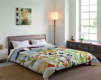 Wildflowers Watercolor Print on Comforter | Botanical Bedding in Red, Yellow, Blue, Green, White, Beige | Abstract Floral Design