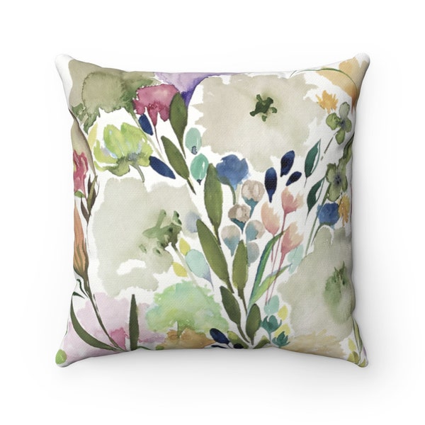 Spring Flowers II Throw Pillow Cover | Spun Polyester Square Pillow Case | 4 Sizes: 14x14, 16x16, 18x18, 20x20 inches | Green Pink Blue