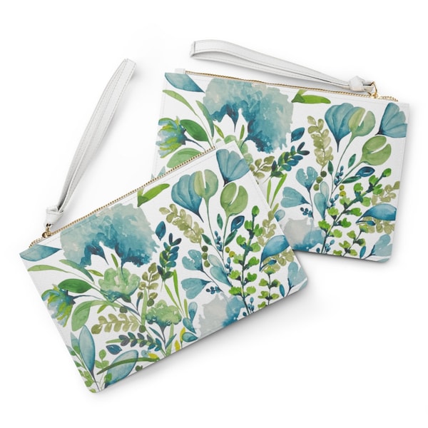 Emerald Green & Turquoise on a Clutch Bag | Vegan Leather in Saffiano Pattern | Purse, Handbag, Zipper Pouch Gifts | Floral Design