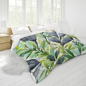 Blue Green Leaves II Duvet Cover in King, Queen, Full, Twin Standard Sizes | Floral Watercolor Print in Navy Indigo Sky Lime Green