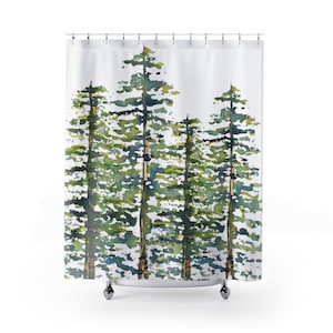 Evergreen Trees Pattern Shower Curtains Abstract Watercolor Trees Holiday Housewarming Gifts 71x74 in Green Blue Brown White Bild 2