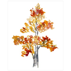 Op de afbeelding: Waterverf schilderij van een boom met oranje, gele en rode bladeren. De boom is geschilderd in een minimalistische stijl met een enkele stam en takken.