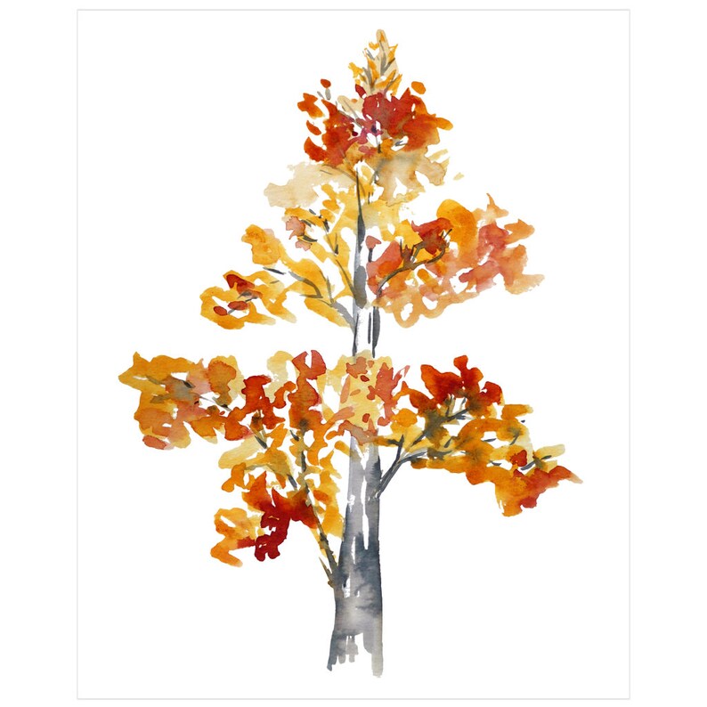 Op de afbeelding: Waterverf schilderij van een boom met oranje, gele en rode bladeren. De boom is geschilderd in een minimalistische stijl met een enkele stam en takken.