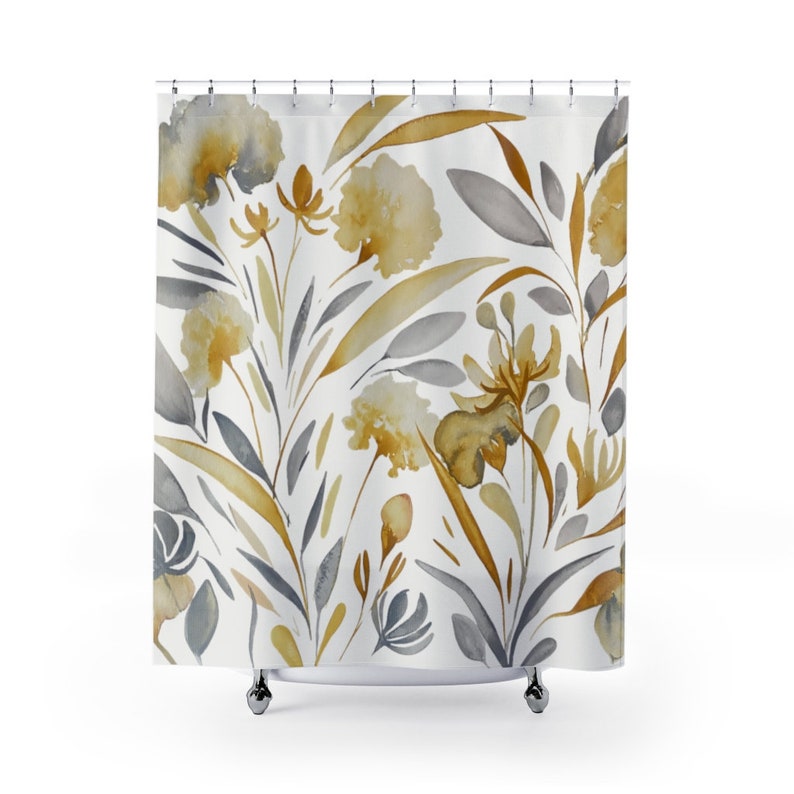 Yellow and Gray Floral Pattern Shower Curtains Botanical Spa Shower Curtains Bathroom Refresh Gifts 71x74 in, Spun Poly Fabric image 4