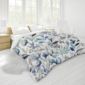 Blue Flowers Duvet Cover | King, Queen, Full, Twin | Cotton Sateen, White Backing, Hidden Zipper | Blue Gray Indigo Botanical Floral
