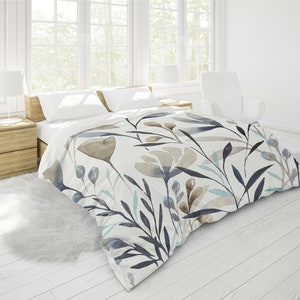 Calm Floral Duvet Cover | King, Queen, Double/Full, Twin | Cotton Sateen | Beige Gray Indigo Blue | Modern Botanical on White Background