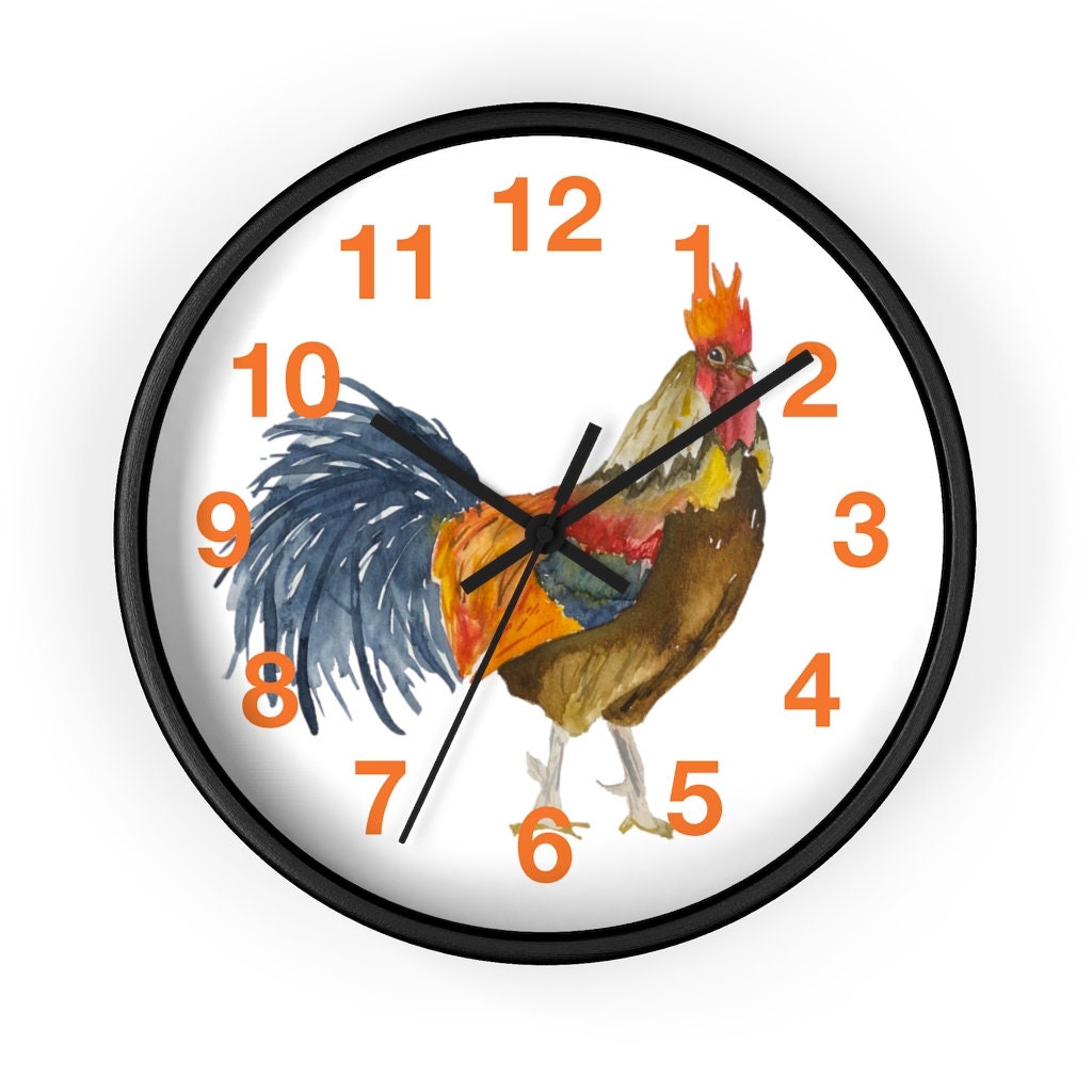 Rooster Wall Clock, Natural Wood, Black, or White Frame Options, Black or White Hand Options, Farm Chicken Wall Decor