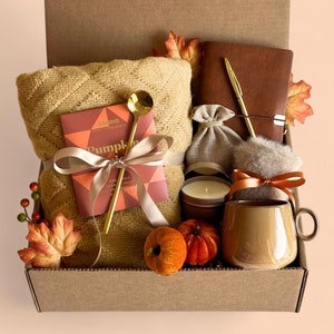 autumn gifts,boo basket,care package,cozy fall gift set,cozy gifts,fall gifts,gift basket,gift with blanket,hygge gift box,pumpkin spice,rustic fall gift,spooky season gift,thinking of you