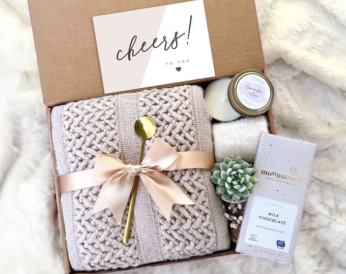 Graduation Gift Box for Her, Cozy Blanket, Succulent & Gourmet Chocolate
