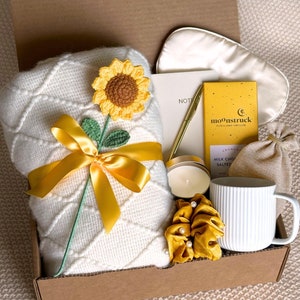 Sending Sunshine Gift Box for Women, Crochet Flower Gift with Blanket, Mug, Chocolate, Candle, Get Well Gift for Her, Thinking of You Gift