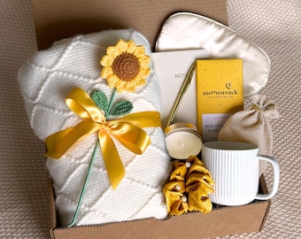 Sending Sunshine Gift Box, Cozy Blanket, Crochet Flower, Self-Care Package
