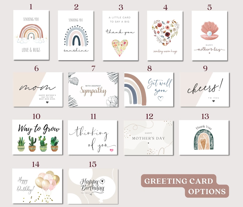 May include: A set of 15 greeting card options with various designs and themes. The cards feature illustrations of rainbows, hearts, flowers, cacti, and other designs. The text on the cards includes phrases like "Sending you love & hugs", "Thinking of you", "Happy Mother's Day", and "Get well soon".