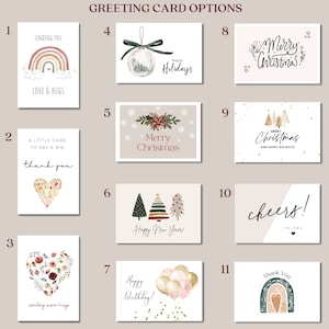 May include: A collage of 11 different greeting card designs. The cards feature various themes, including rainbows, hearts, Christmas trees, ornaments, balloons, and text. The cards are all in a minimalist style with a neutral color palette.