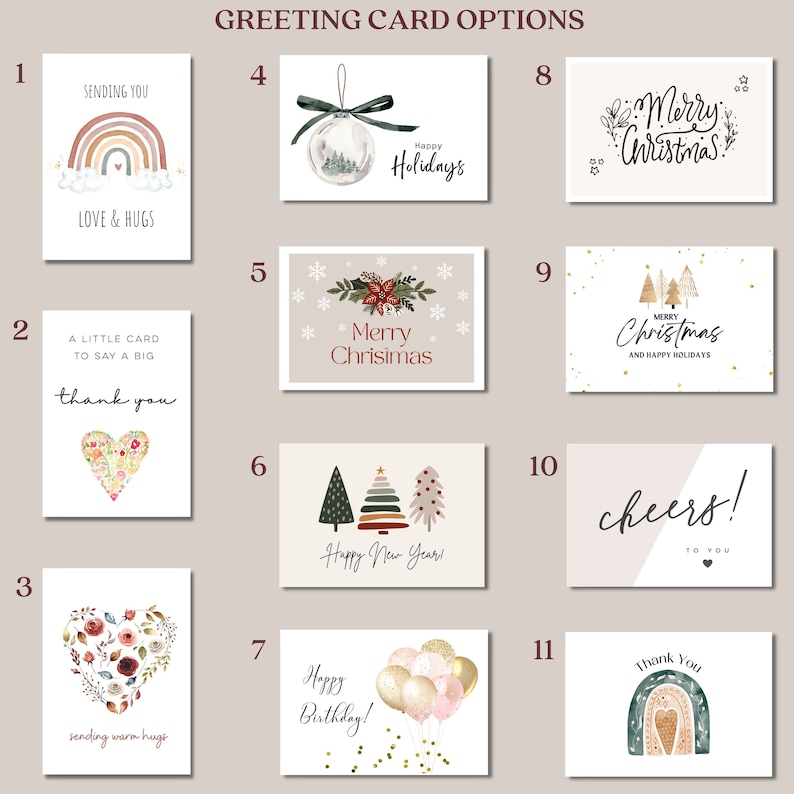 May include: A collage of 11 different greeting card designs. The cards feature various themes, including rainbows, hearts, Christmas trees, ornaments, balloons, and text. The cards are all in a minimalist style with a neutral color palette.