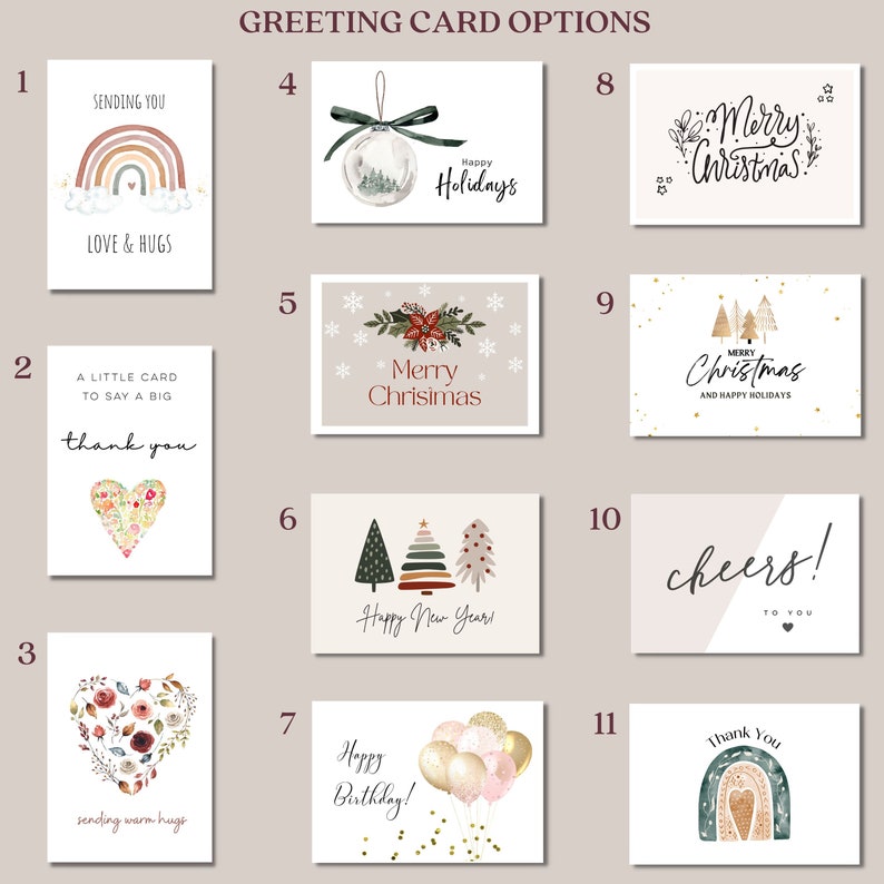 Puede incluir: Una colecci&oacute;n de tarjetas de felicitaci&oacute;n con varios dise&ntilde;os. Las tarjetas presentan ilustraciones de arco&iacute;ris, corazones, &aacute;rboles de Navidad y globos. El texto incluye "Sending You Love & Hugs", "Thank You", "Merry Christmas" y "Happy Birthday!"
