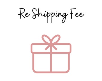 Puede incluir: Un dibujo de línea rosa de una caja de regalo con un lazo en la parte superior. El texto "Re Shipping Fee" está encima de la caja.