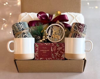 Holiday Gift Box for Friends, Ceramic Mug & Blanket Gift Set, Hygge Gift Basket for Couples, Families, European Cozy Winter Care Package
