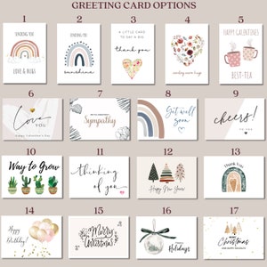 May include: A grid of 17 greeting card designs with various themes, including love, sympathy, get well, happy birthday, and Christmas. The cards feature illustrations of rainbows, hearts, cacti, trees, and other festive imagery.