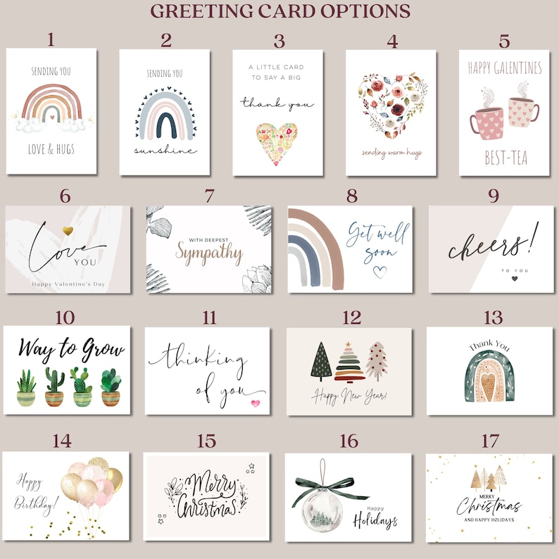 May include: A grid of 17 greeting card designs with various themes, including love, sympathy, get well, happy birthday, and Christmas. The cards feature illustrations of rainbows, hearts, cacti, trees, and other festive imagery.