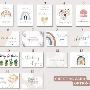 May include: A set of 15 greeting card options with various designs and themes. The cards feature illustrations of rainbows, hearts, flowers, cacti, and other designs. The text on the cards includes phrases like "Sending you love & hugs", "Thinking of you", "Happy Mother's Day", and "Get well soon".