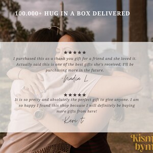 May include: Two people hugging each other. The image includes the text "100,000+ HUG IN A BOX DELIVERED". The text "Kismet byme" is also visible in the image.