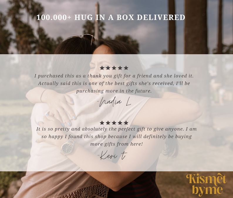 May include: Two people hugging each other. The image includes the text "100,000+ HUG IN A BOX DELIVERED". The text "Kismet byme" is also visible in the image.