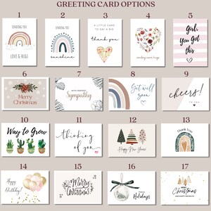 Puede incluir: Una colecci&oacute;n de tarjetas de felicitaci&oacute;n con varios dise&ntilde;os y mensajes. Las tarjetas incluyen arco&iacute;ris, corazones florales, cactus y temas navide&ntilde;os. El texto incluye "Sending You", "Thank You", "Merry Christmas" y "Happy Birthday!"
