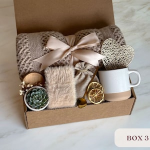 May include: A brown cardboard gift box filled with a variety of items, including a knitted throw blanket, a small potted succulent, a mug, a heart-shaped decorative piece, and a small bag. The box is tied with a beige ribbon.