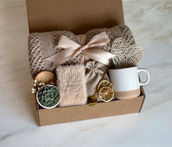 Classy Gift Basket for Women , Cozy Gift Box with Blanket, Socks, Candle , Self Care Gift Box, Care Package, Gifts for Her for Any Occasion