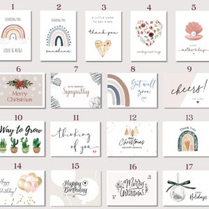 May include: A set of 17 greeting cards with various designs and messages. The cards feature illustrations of rainbows, hearts, cacti, and other designs. The messages include "Sending you love & hugs", "Thinking of you", "Get well soon", "Happy Birthday", and "Merry Christmas".