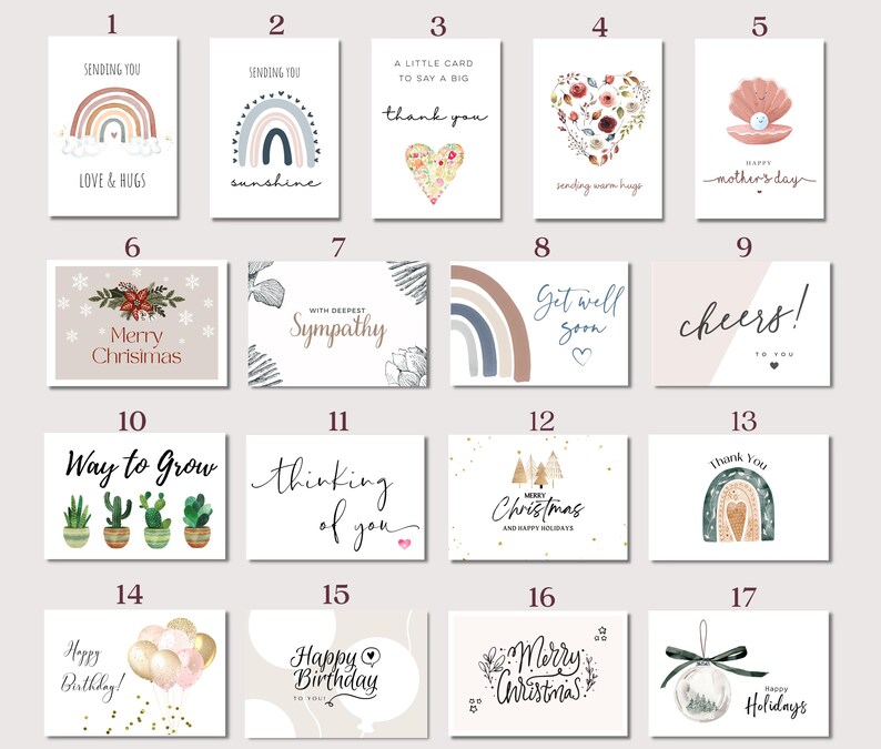 May include: A set of 17 greeting cards with various designs and messages. The cards feature illustrations of rainbows, hearts, cacti, and other designs. The messages include "Sending you love & hugs", "Thinking of you", "Get well soon", "Happy Birthday", and "Merry Christmas".