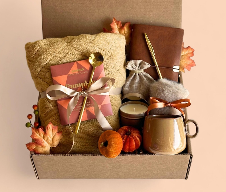 autumn gifts,boo basket,care package,cozy fall gift set,cozy gifts,fall gifts,gift basket,gift with blanket,hygge gift box,pumpkin spice,rustic fall gift,spooky season gift,thinking of you