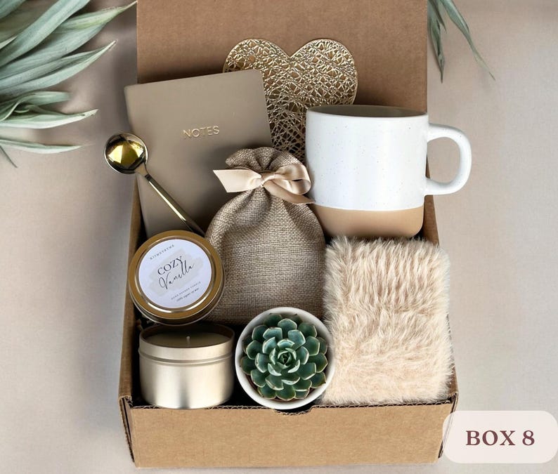 May include: A brown cardboard gift box filled with a variety of items, including a mug, a candle, a small succulent plant, a notebook, a spoon, and a small bag. The box is labeled "BOX 8".