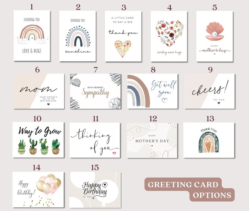 May include: A set of 15 greeting card options with various designs and themes. The cards feature illustrations of rainbows, hearts, flowers, cacti, and other designs. The text on the cards includes phrases like "Sending you love & hugs", "Thinking of you", "Happy Mother's Day", and "Get well soon".