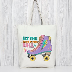 Sac fourre-tout rétro pour patins à roulettes, sac de patins à roulettes amusant, cadeau de sac fourre-tout Roll With It, amateur de patins à roulettes, accessoires de patinage à roulettes, roller derby