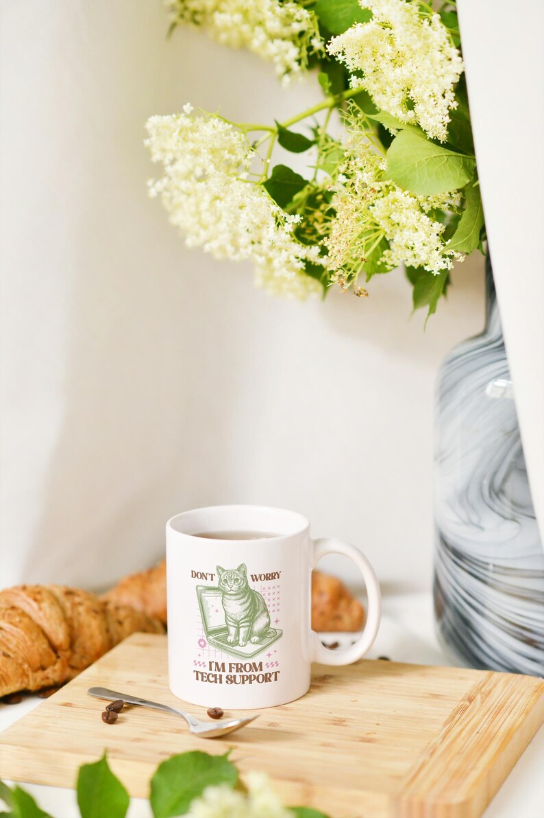 Funny Tech Support Cat Mug, Funny Work Mug, Funny Office Mug, Work Colleague Gift, Cat Lover Gifts, Funny Cat Mug, Fun Secret Santa, IT Mug WHITE
