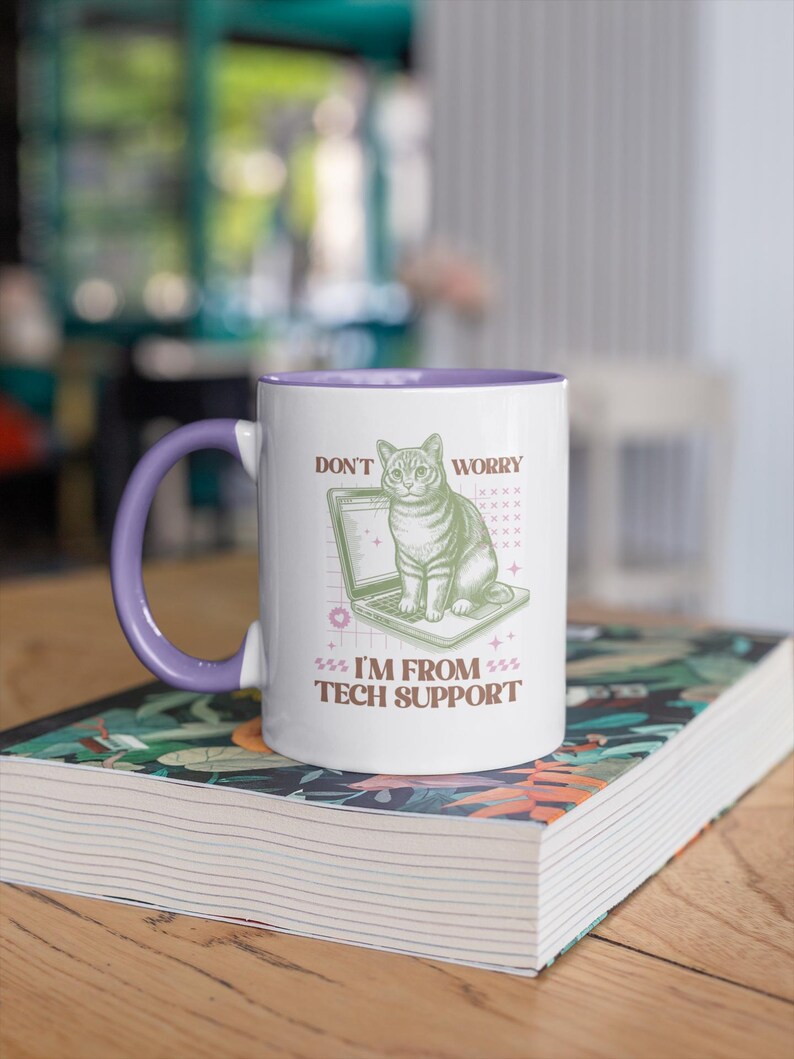 Funny Tech Support Cat Mug, Funny Work Mug, Funny Office Mug, Work Colleague Gift, Cat Lover Gifts, Funny Cat Mug, Fun Secret Santa, IT Mug PURPLE