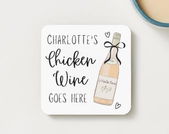 May include: Square white coaster with the text "Charlotte's Chicken Wine GOES HERE" in black script. A wine bottle illustration with a black bow is on the right. Two small hearts are also present.