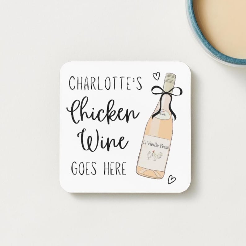 Gepersonaliseerde kip wijnonderzetter, aangepaste naam cadeau, grappige onderzetter, cadeau wijnliefhebber, cadeau voor haar, kousvuller, aangepaste kip wijn cadeau afbeelding 3