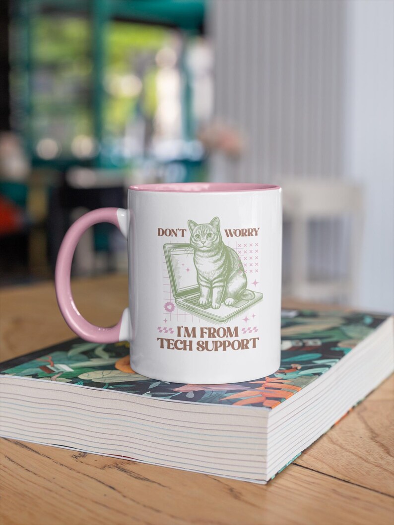 Funny Tech Support Cat Mug, Funny Work Mug, Funny Office Mug, Work Colleague Gift, Cat Lover Gifts, Funny Cat Mug, Fun Secret Santa, IT Mug PINK