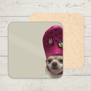 Croc Dog Meme Drinks Coaster, Funny meme gifts, Croc Coaster, Dog with Croc Hat Meme, Stocking Filler Gifts, Meme Gifts, Secret Santa Gifts