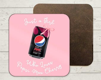Pink Bow Cherry Pepsi Max Coaster, Custom Name gift, Funny Coaster, Custom Gifts, Coaster Drink Mat, Gifts for her, Just a Girl, Pepsi Lover